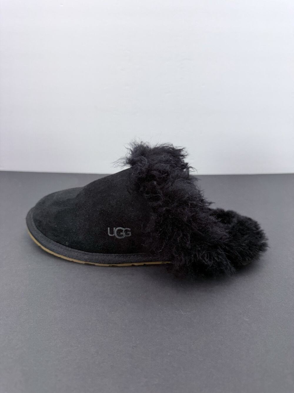 Ugg Scuff Sis Slipper Women’s Size 8 Black Suede Fluffy Sheepskin Collar Slip On